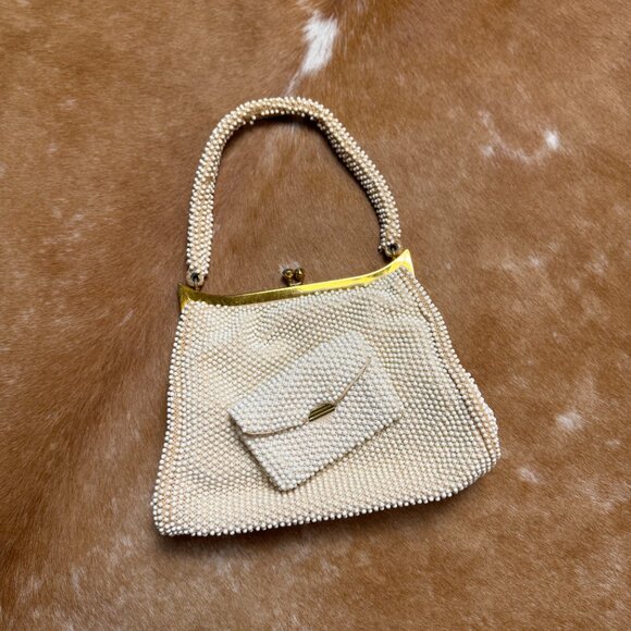 Vintage White Beaded Handbag with Coin Purse, 1950s Pearlcore Evening Bag - Picture 6 of 13
